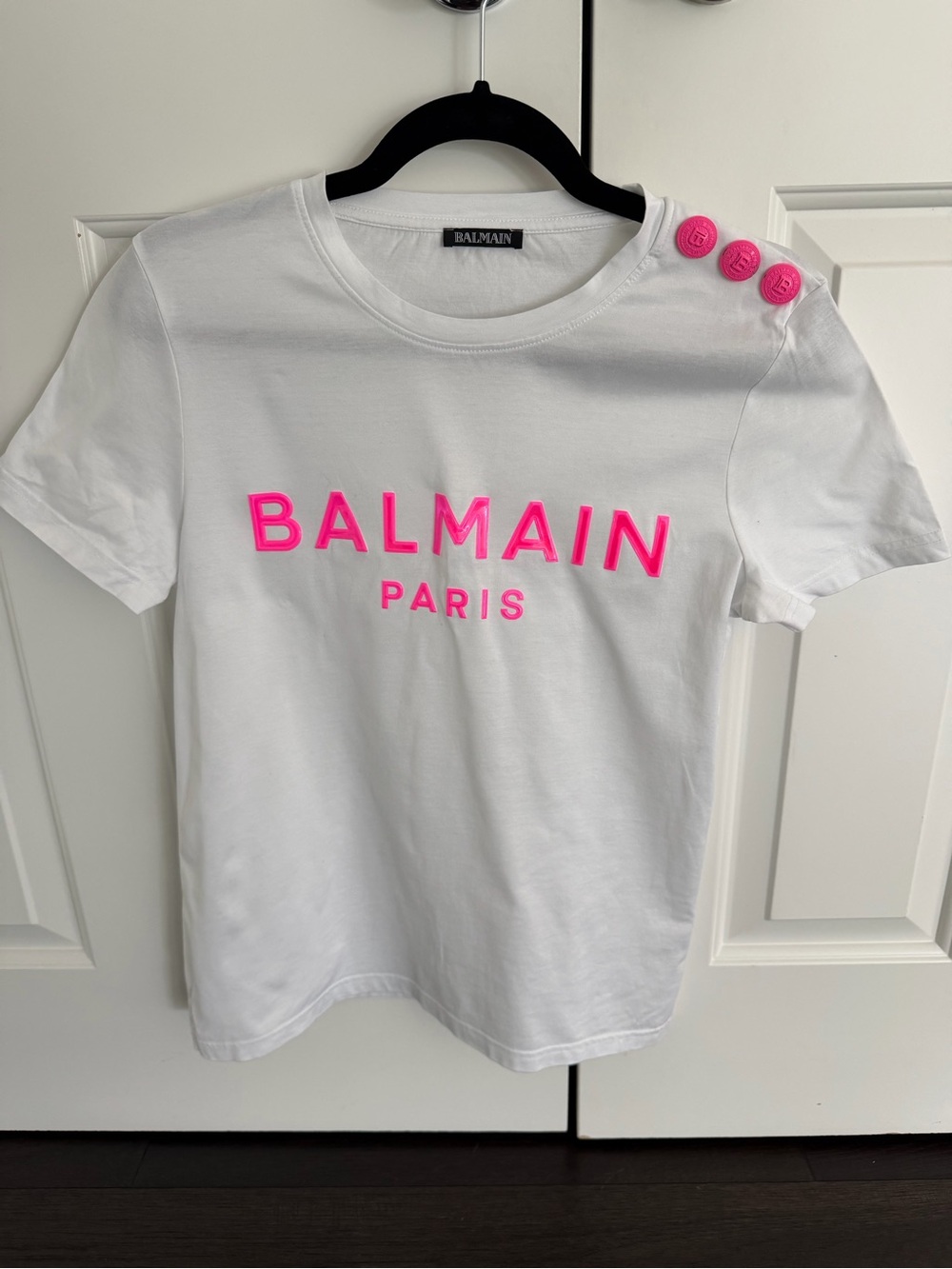 Balmain White Tee with Neon Pink Logo and Shoulder Buttons
